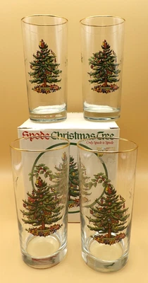 Spode Árbol de Navidad Juego de 4 Vasos Highball Caja Original 15oz Borde Dorado BONITO Foto 1 de 4