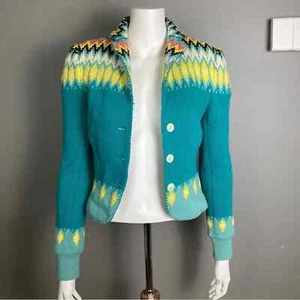Iisli sweater blazer jacket southwestern fair isle wool turquoise swacket size 4 - Picture 1 of 13