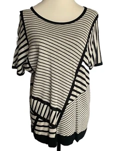 Women’s Jumper Top Size 8-10 Grey Striped with Cotton Short Sleeve Scoop Neck - Picture 1 of 5