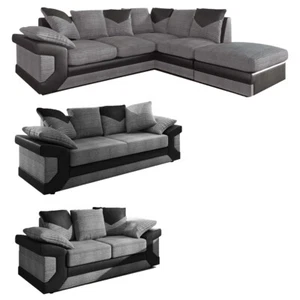 Dino Black & Grey Large Corner With STOOL Cheap LEFT RIGHT 3 & 2 Seater Sofa NEW - Picture 1 of 23