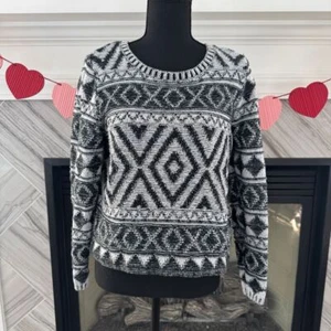 Lucky Brand Pattern Black White Knit Sweater Aztec Nordic Fair Isle Crop Large - Picture 1 of 4