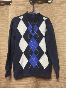 Youth Boys Black And Blue Argyle Tommy Hilfiger Pull Over 1/3 Zip Sweater Sz 5 - Picture 1 of 8