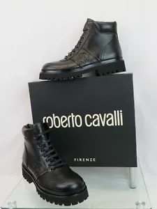 NIB ROBERTO CAVALLI BLACK LEATHER LOGO LACE UP COMBAT BOOTS 43.5 /10.5 ITALY - Picture 1 of 12