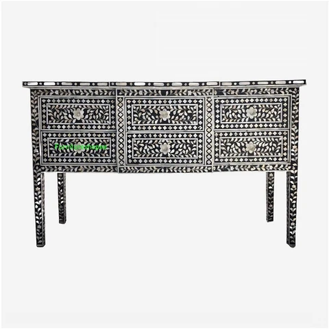 Antique Indian Handmade Mother of pearl Floral Black Console Table Chest Dresser Cover
