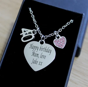 ENGRAVED Pink Heart Necklace Personalised 16th 18th 21st 30th 40th Birthday Gift - Picture 1 of 5
