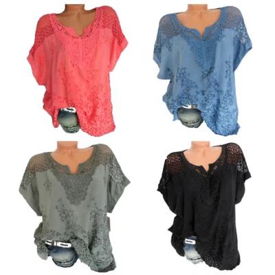 Haut Brodé À Manches Courtes Pour Femmes T-Shirt Chauve-Souris En Dentelle / - Photo 1/4