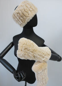 Knitted 100% real rex rabbit fu mittens with headbands/ fur gloves / fur wrap 