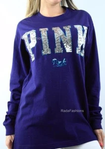 Victoria Secret PINK Silver Sequin Logo Tunic Crew Tee Long Sleeve Top Shirt - Picture 1 of 1