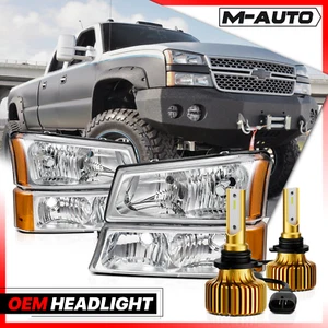 L+R Chrome Replacement Headlight+Bumper+6500K LED Bulb for 03-07 Chevy Silverado - Picture 1 of 16