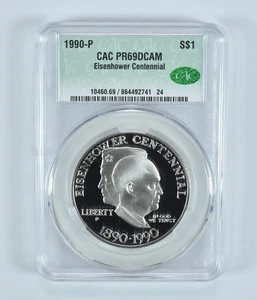 1990-P Eisenhower Commemorative Silver Dollar PR69 DCAM CAC CACg *3534 - Picture 1 of 5