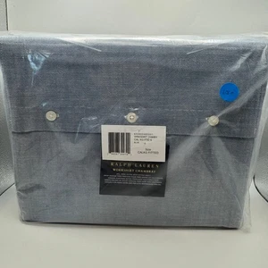Ralph Lauren Fitted Sheet California King Blue Extra Deep Workshirt Chambray - Picture 1 of 2