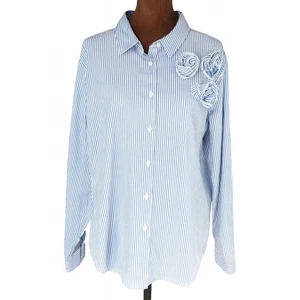 J. Crew Blue White Stripe Button-Up Shirt Women's 3X Cotton Poplin NWT Rosettes - Picture 1 of 9