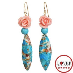 Estate Turquoise Coral 14K Gold Carved Floral Drop Dangle Earrings 5.1 Grams NR - Picture 1 of 5