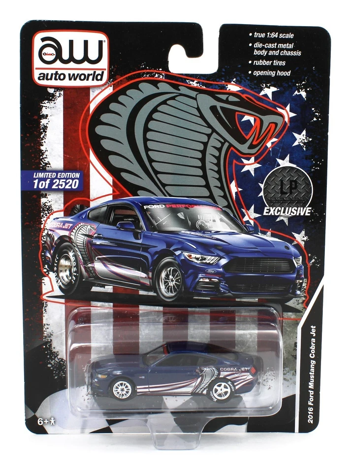 2024 AUTO WORLD 1:64 *BLUE* 2016 Ford Mustang COBRA JET Drag Car *NIP* - Image 1 of 1