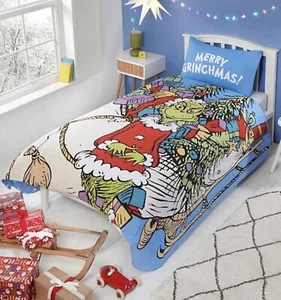 NEU THE GRINCH FESTLICH WEIHNACHTEN SCHLITTENFÖRMIGES EINZELBETTWÄSCHESET STEPPDECKE BETTWÄSCHE   - Bild 1 von 4