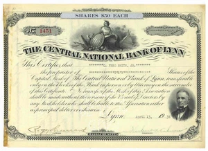 Central National Bank of Lynn. Aktienzertifikat. 1938 - Bild 1 von 2