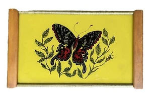 Vtg Art Deco Yellow Glass & Wood Butterfly Tray Reverse Painted 19-3/8" Long - Picture 1 of 5