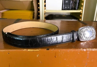 BRIGHTON Women's Medium (28 - 30) Croc Embossed Black Leather Belt with Buckle - Image 1 of 4