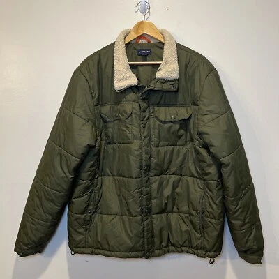 Lands End Men’s Quilted Puffer Jacket Sherpa Fleece Collar Size XL Olive Green - Image 1 of 4