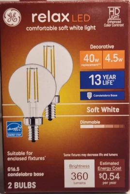 GE Relax Led Candelabra Bulbs Soft White Dimmable 40 Watts G16.5- 2 Pack - Image 1 of 4