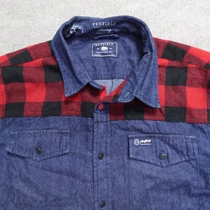 Penfield Shirt Medium Blue Denim Solid Button Down Buffalo Plaid Trim - Picture 1 of 8