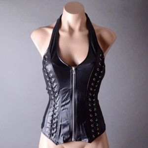 Faux Leather Steampunk Goth Punk Zipper Wetlook Lace Up Halter Bustier Top S M L - Picture 1 of 23