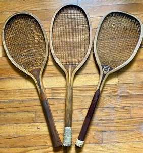 three (3) scarce fantail handle wood antique tennis racquets feltham+2 - Picture 1 of 18