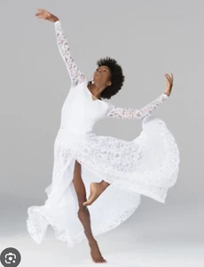Women White Lace Long Sleeve Praise Dance Dress BalletChurch Dancewear Costume L - Picture 1 of 7