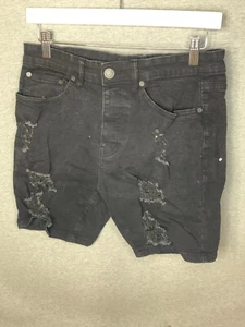 BOOHOO MAN Jean Shorts Mens 32 Black Destroyed Relaxed Fit Preppy Designer Boho - Picture 1 of 5