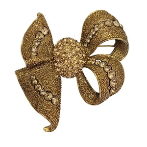 Joan Rivers Gold Tone Yellow Rhinestone Bow Brooch, Signed M739 - Picture 1 of 10