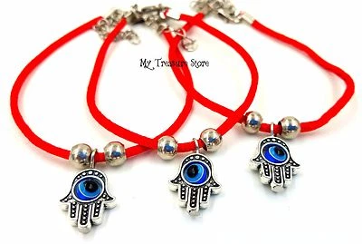 3 X Lucky Hamsa Bracelets with Blue Evil Eye Charm Kabbalah Red String Bracelet - Image 1 of 3