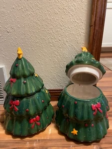 Christmas Tree Cookie Jar Ceramic Green Holiday 11 inch Decorated Star Glazed - Picture 1 of 3