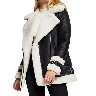 Women’s Black Bomber Lined Shearling  Real Leather Jacket  White Fur Winter Coat - Image 1 of 3