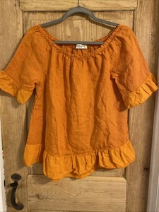 Blusa Terzo Millennio Naranja 100% Lino Volantes Dobladillo Hecha en Italia Pequeña - Imagen 1 de 8