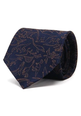 Corbata Criaturas Antiguas 145×8,5 cm/Azul Marino y Beige/Patrón Animal 100% Seda Foto 1 de 4