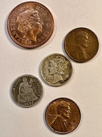 Set has 5 coins- 1999 2 pence Elizabeth II, 1891 seated Liberty, 1944 D mercury Cover