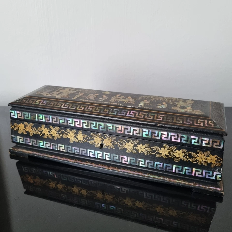 Coffret PAPIER MACHE XIXè Incrustation Nacre Burgauté Décor Chinois Capitonné - Photo 1/4