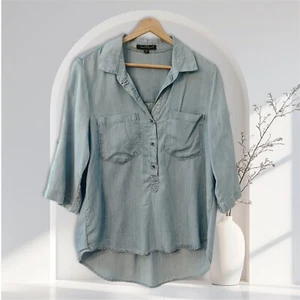 Velvet Heart Chambray Shirt Women's Blue Medium Tencel Casual V-neck Roll-tab - Picture 1 of 10