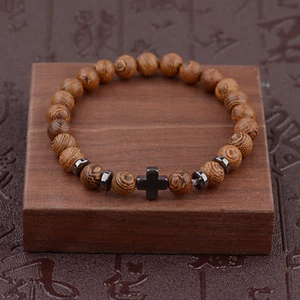 Heißes Hämatitkreuz Holzarmbänder dehnbar Armband Perlen Holz für Männer Frauen - Bild 1 von 6