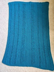 Handmade Crochet Blanket Throw Afghan Solid Blue Vintage 64" X 44" - Picture 1 of 17