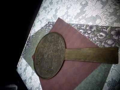 Antigua escultura japonesa de tortuga grúa de cobre espejo antiguo ESPEJO DE MANO Foto 1 de 4