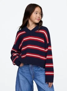 New Gap Kid Girl Navy Striped Oversized Sweater V-Neck Long Sleeve CashSoft Sz 8 - Picture 1 of 6