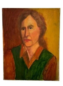 Ritratto olio su tela vintage - Donna in gilet verde (16x20) - Foto 1 di 6