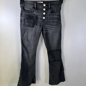 Abercrombie Kids High Rise Flare Jean Girls 11-12 Patches Black Denim Button Fly - Picture 1 of 7