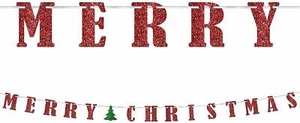 Merry Christmas Red Glitter Green Tree Banner - Ready to Hang Up - NEW Amscan - Picture 1 of 1
