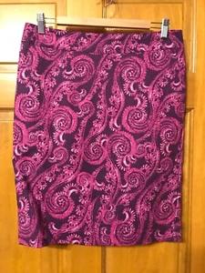 Pink Purple Skirt Womens Sz 8 Paisley Lined Knee Length Pencil Cotton Spandex - Picture 1 of 5