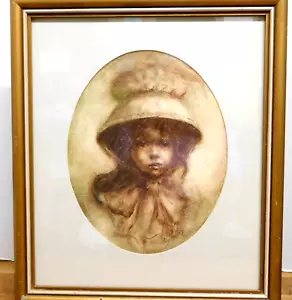 Vel Miller junges Mädchen mit Sonnenhaube & Schleife matt gerahmter Druck 14""x12"" Vintage USA - Bild 1 von 5