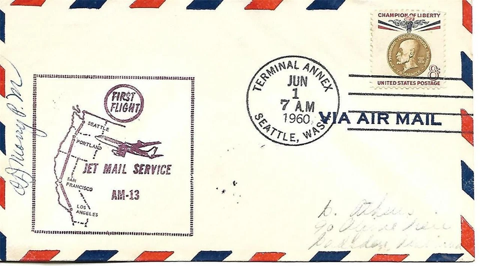 First Jet Airmail Flight Seattle WA  - Los Angeles CA June 1 1960 AAMC#J573 - Image 1 of 1