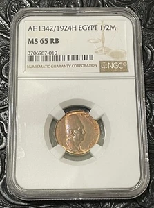 EGYPT, 1924H BRONZE 1/2 MILLIEME. KING FOUAD. NGC MS 65 RB. TOP POP. RARE. - Picture 1 of 2