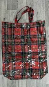 Harrods Red Tartan Plaid PVC Cotton Shopping Tote Bag - Picture 1 of 3